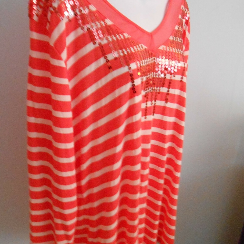 RXB Women's Plus Size Orange White Stripe V-neck Sequin Accents Top NWT 1 X
